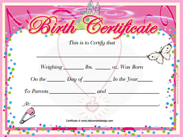 printable cute baby girl birth certificate template pdf