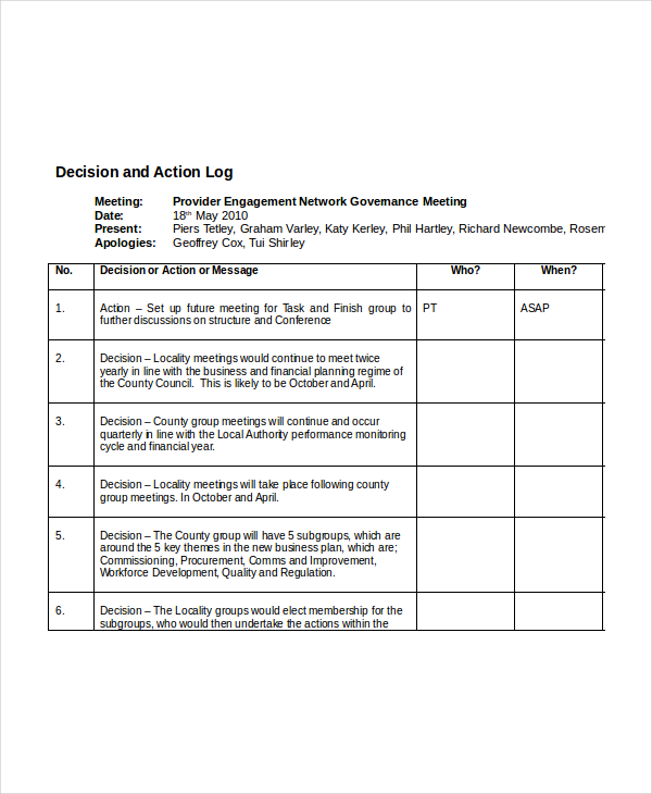 Action Decision Log Template