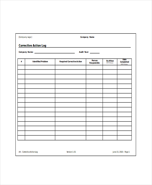 corrective action log template