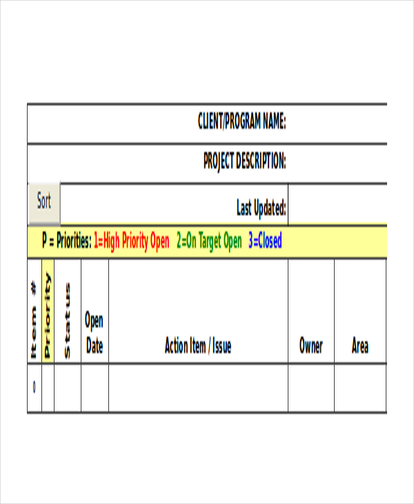 project management action log template excel