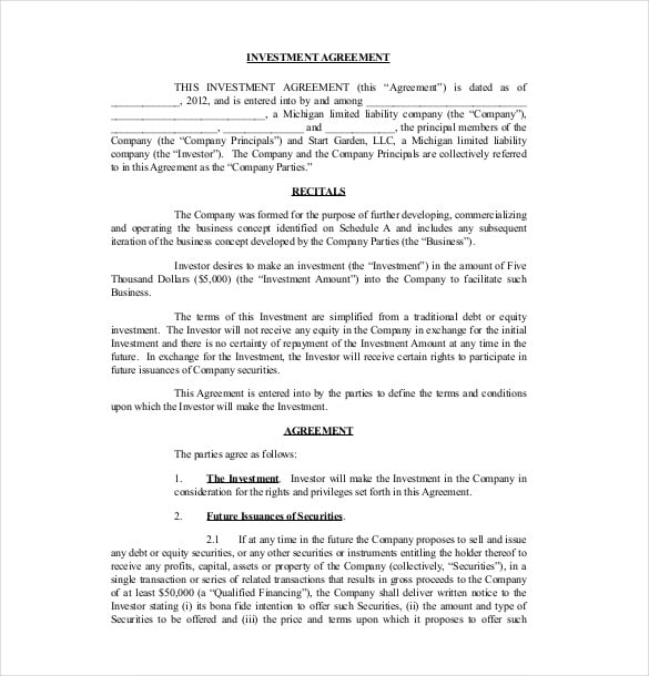 free investment agreement template