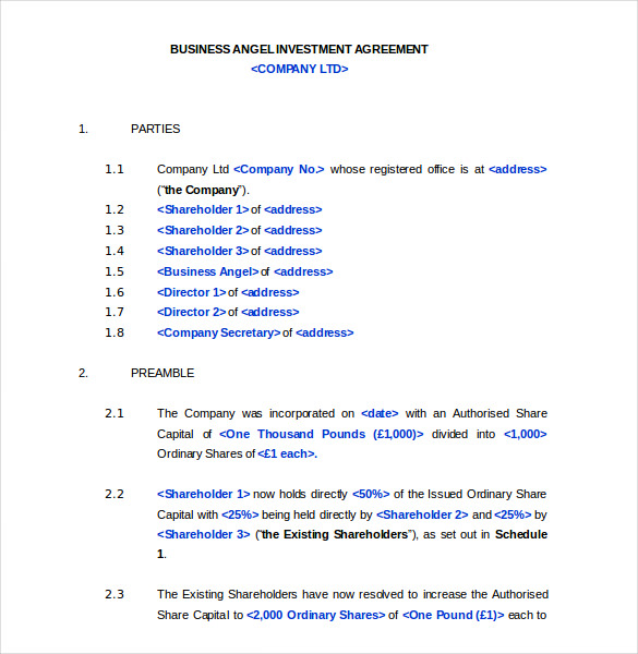 business angle investment agreement