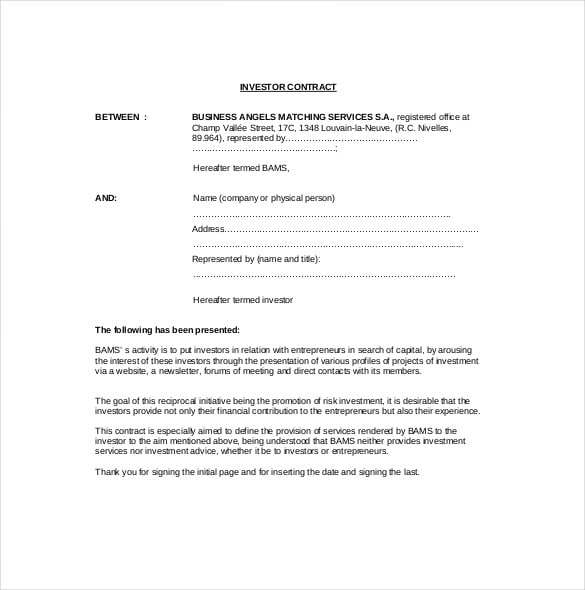 investor contract agreement template