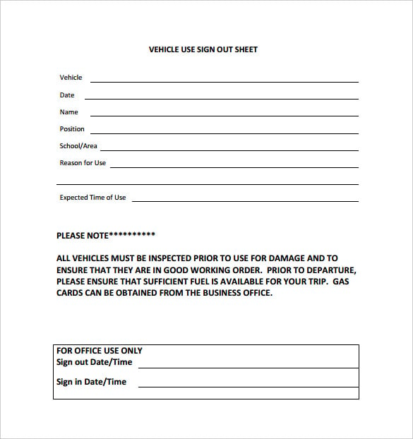 vehicle use sign out sheet pdf format free download