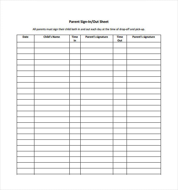 parent sign out sheet example template free download