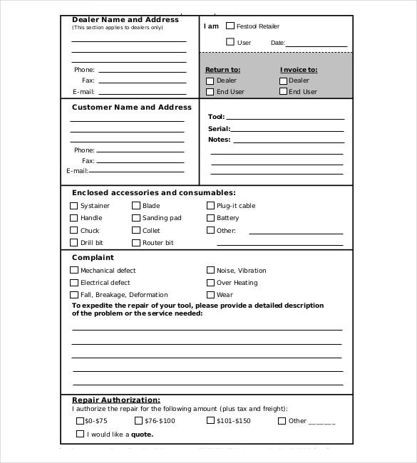 Auto Repair Order Template Excel