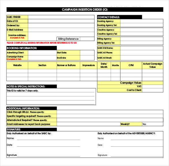campaign insertion order template pdf download