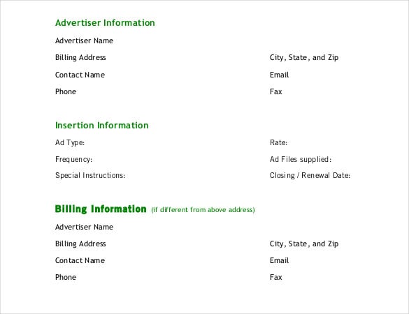 advertising insertion order form free pdf template