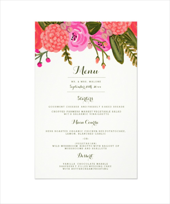 Sample Vintage Garden Wedding Dinner Menu Template Download