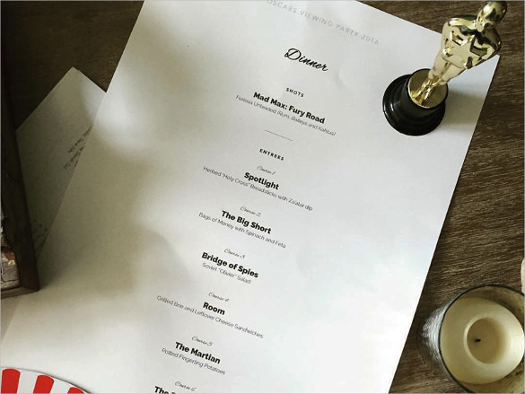 sample oscars dinner menu template download