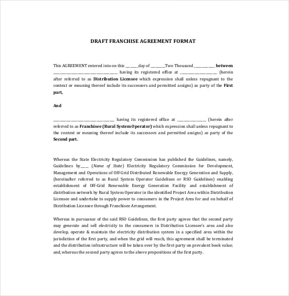 business franchise agreement template