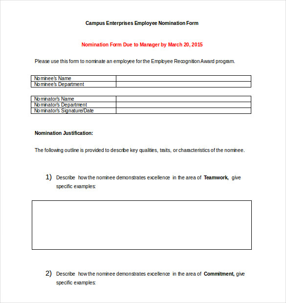 employee recognition award nomination form