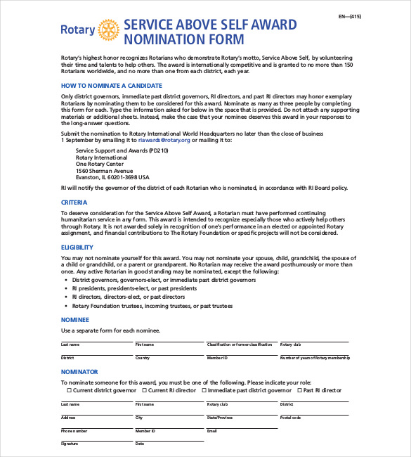 service above self award nomination form