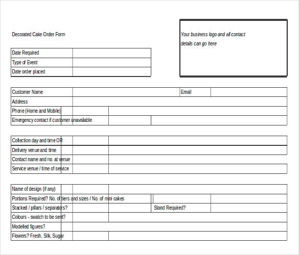 an excel template for cake order form