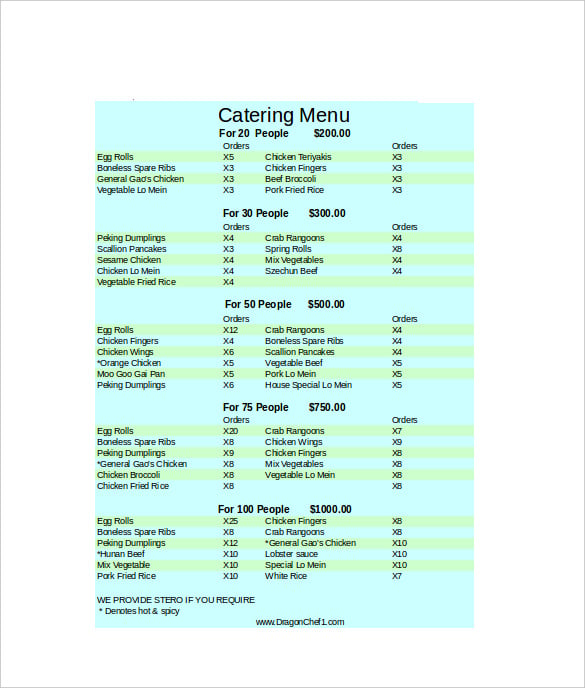 catering menu excel format template download