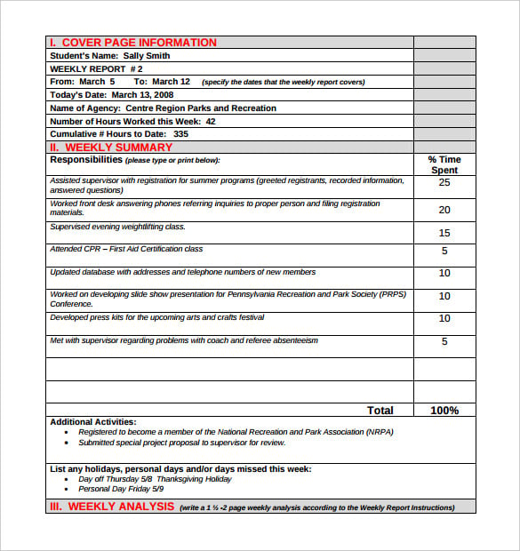 weekly work activity report template pdf format download