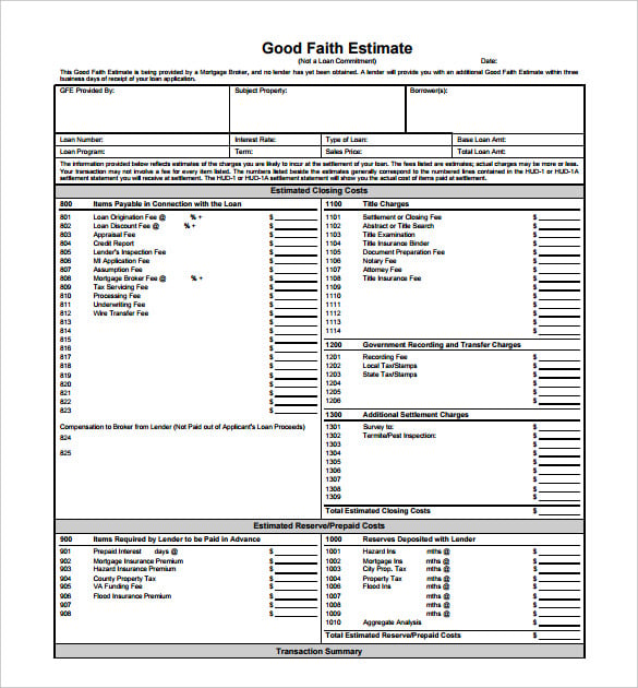 good faith blank estimate template pdf printable download