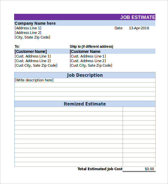 simple job estimate template excel editable download