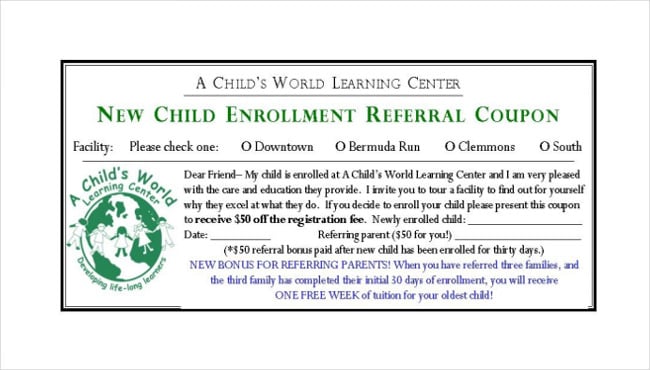 child learning center referral coupon template download