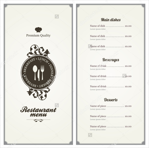 sample restaurant menu card template