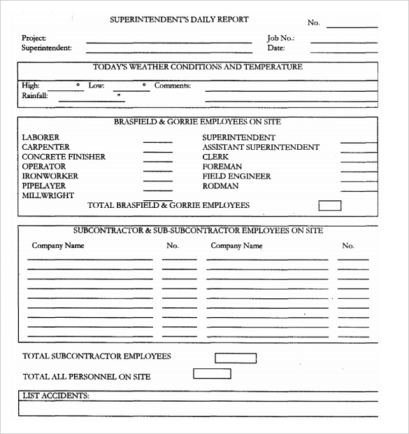 construction supernitendent daily report template printable