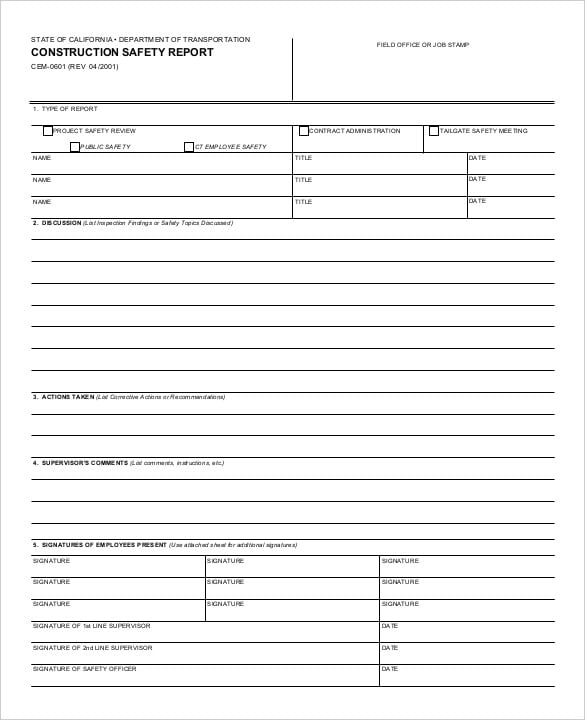 daily construction blank safety report template printable