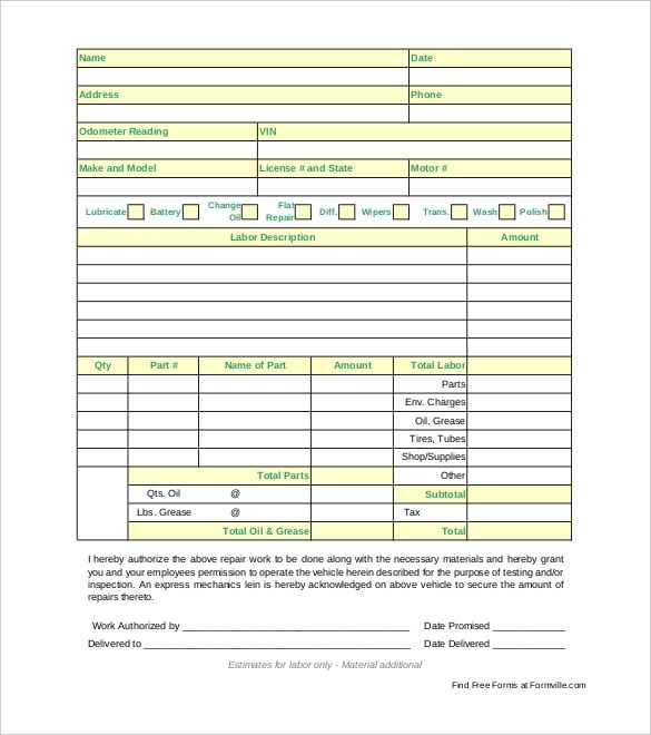 automotive work order template pdf format download