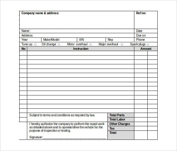 auto shop work order template ms word download