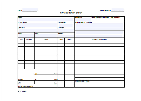 Auto Repair Work Order Template Excel Collection Gambaran
