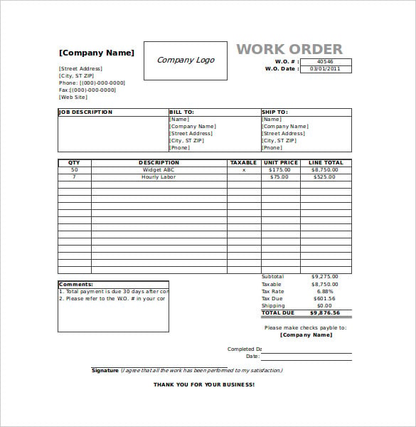 shop work order template excel format free download