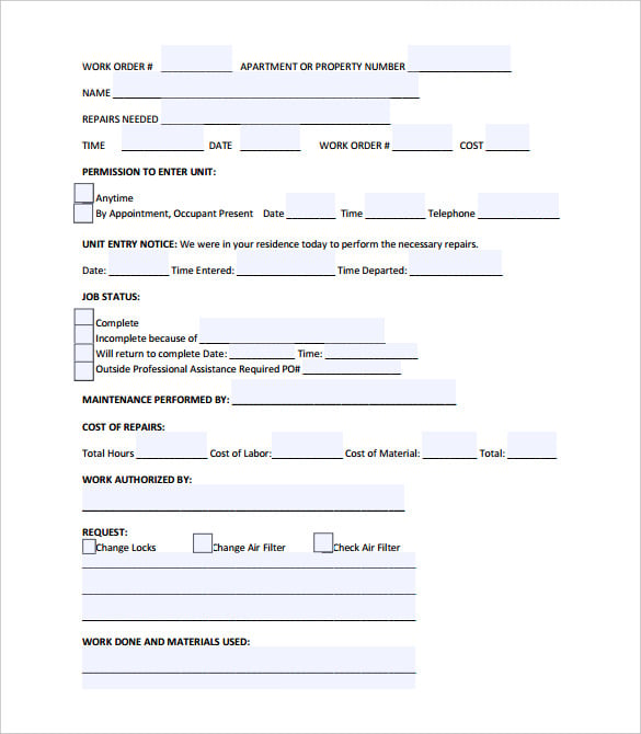 editable repair work order template pdf format