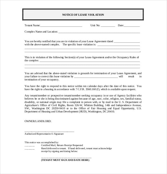 notice of lease violoation template