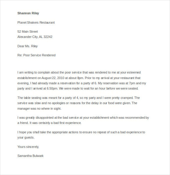 customer complaint letter poor services template free download