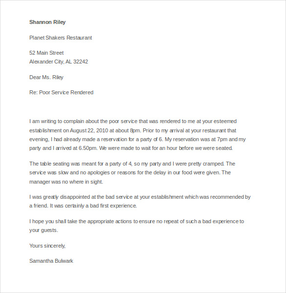 customer complaint letter poor services template free download