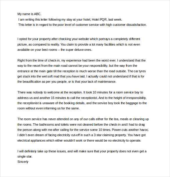 sample complaint letter for bad service