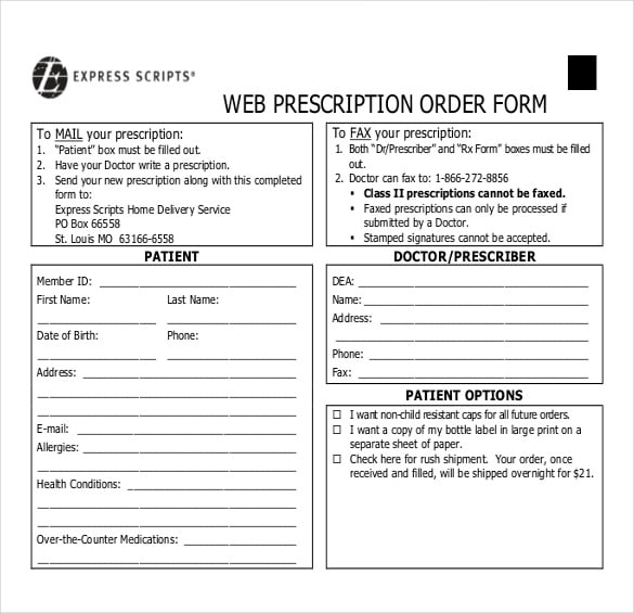 web prescription blank order document in pdf format