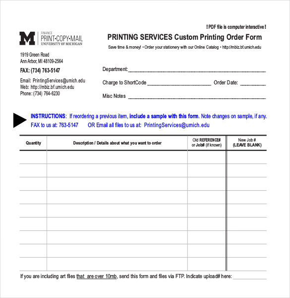 custom printing blank order form