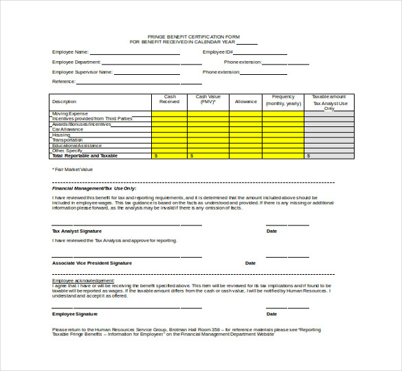 fringe benefit payroll certification free doc template