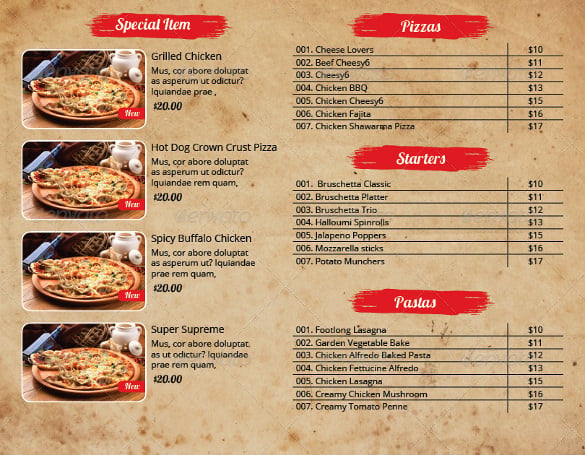 pizza menu and ai illustrator template pack