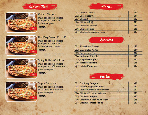 Pizza Menu and AI Illustrator Template Pack