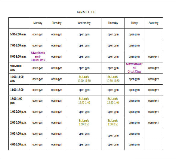 gym schedule template