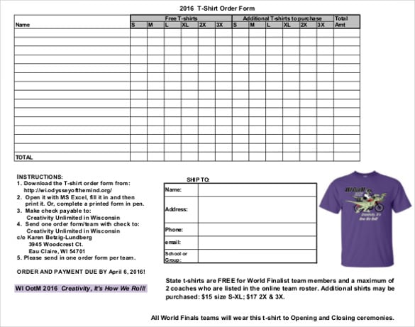 016 t shirt order form template free download