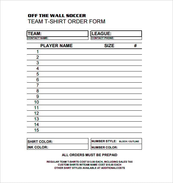 soccer team t shirt order form template pdf download