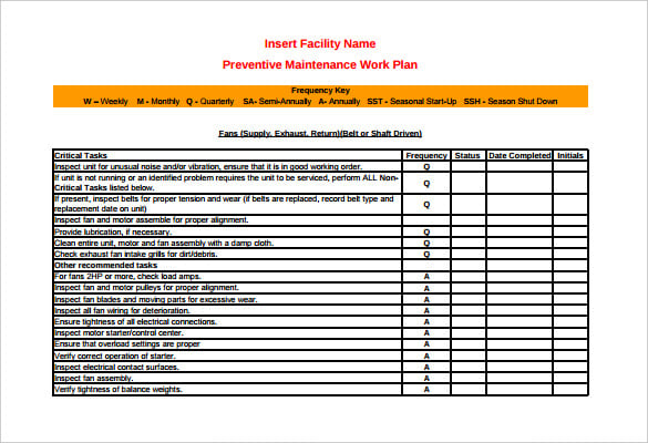 facility preventive maintenance schedule template printable pdf