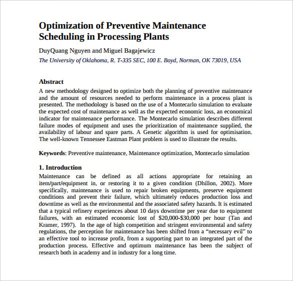 optimization of preventive maintenance schedule template download