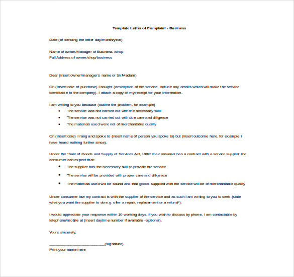 complaint business letter format