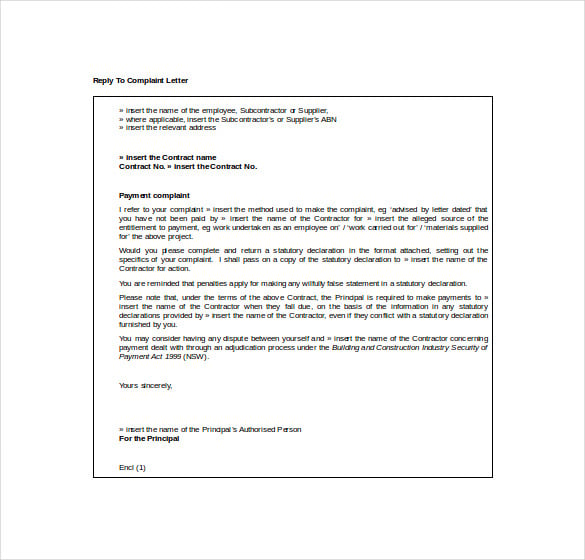 reply to complaint letter free word download