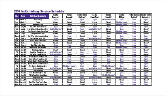 holiday service schedule pdf format free template