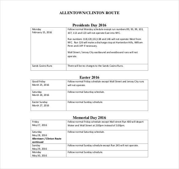 events holiday schedule pdf template