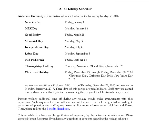 Holiday Schedule Template 20 Free Sample Example Documents Download 